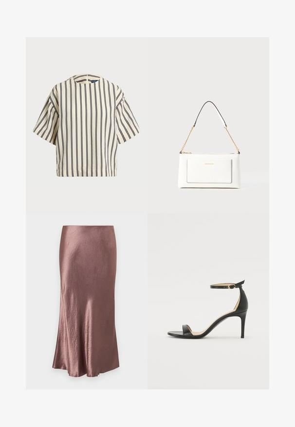 T-shirt à manches courtes, rayé crème et marine, présentant un col rond et un design boxy avec un tissu texturé.; Jupe midi en satin de couleur mauve, texture lisse, ourlet légèrement évasé, avec un design simple et sans fermetures ni embellissements visibles.; Sandale à talons hauts en cuir noir avec une lanière de cheville. Présente une texture lisse, un bout ouvert et un talon fin. Détail de boucle en ton doré.; Sac à main en cuir blanc avec un fini texturé, doté d'une bandoulière en chaîne dorée et d'accents noirs. Comprend une poche avant et une fermeture éclair.