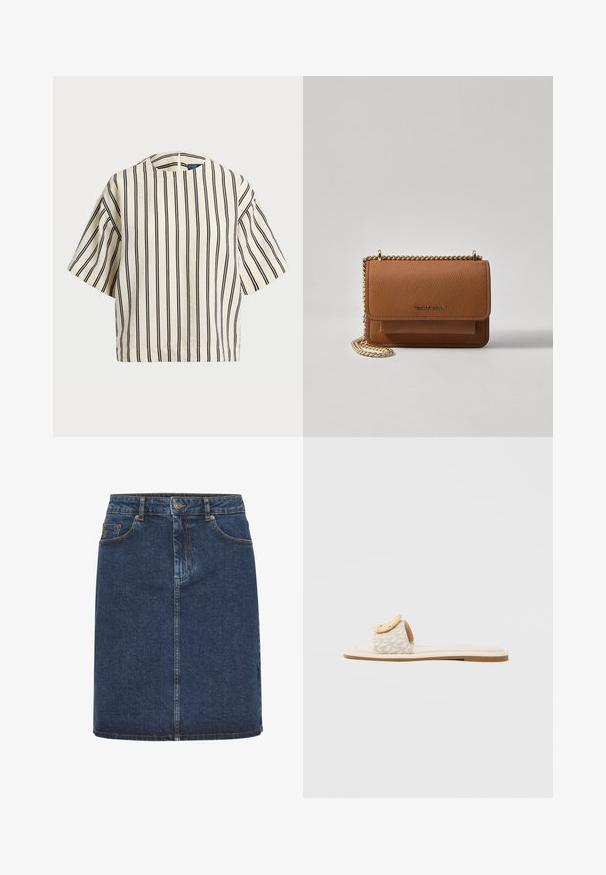 Rövid ujjú, csíkos felső krém és tengerészkék színben, kerek nyakkivágással és dobozos fazonnal, texturált anyagból.; Sötétkék farmer szoknya egyenes szabással, elülső gombos záródással, övhurkokkal és két elülső zsebbel. Puha textúra és látható varrás.; Csúszdapapucs bézs színű pánttal, amely geometriai mintát hordoz, sárga, lekerekített díszítéssel a felső részén, és lapos, világos talppal.; Barna textúrájú bőr keresztbody táska arany lánc pánttal és fedélzárral. Az elején logó részlet és egy zseb található a fedél alatt.
