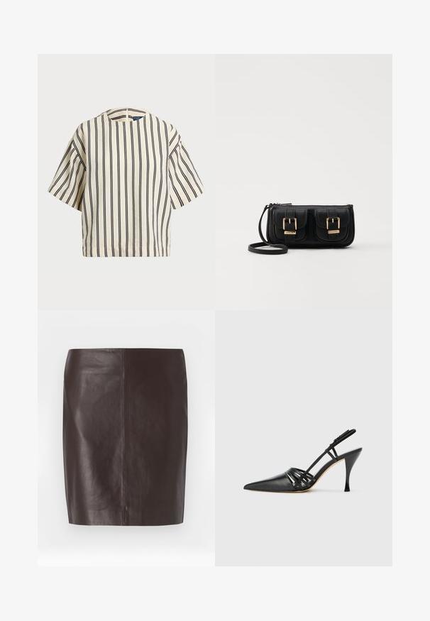 Top de manga curta, riscado em creme e azul marinho, com decote redondo e design boxy em tecido texturizado.; Saia de couro castanho com corte reto, textura suave e costura mínima. Apresenta um design de comprimento médio sem adornos.; Sapato slingback de couro preto com salto alto, bico fino, design de tiras cruzadas e salto stiletto slim. Textura suave e acentos mínimos.; Bolsa de ombro em couro preto com dois bolsos frontais, fivelas douradas, fecho de zíper e uma alça fina. Superfície texturizada e forma retangular compacta.