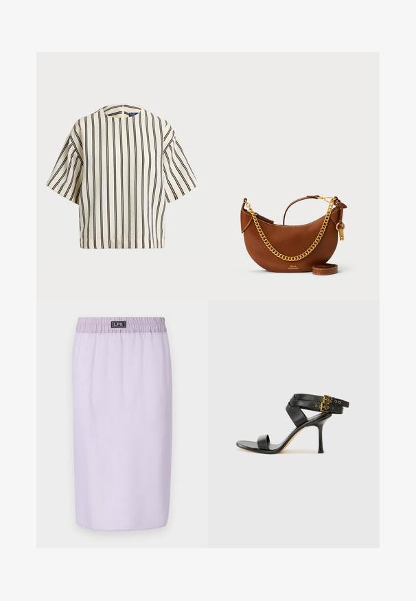 Krátký rukáv, pruhované tričko ve krémové a námořnické barvě, s kulatým výstřihem a širokým střihem z texturovaného materiálu.; Fialová sukně s elastickým pasem, délka ke kolenům, hladká textura, bez viditelných vzorů nebo akcentů. Logo značky na pase.; Černé sandály na podpatku s kříženými popruhy a nastavitelnou sponou. Mají hladký povrch a špičatý stiletto podpatek.; Hnědá kožená kabelka s zakřiveným designem, zlatým řetízkem, vnitřní kapsou a odnímatelným ramenním popruhem. Obsahuje kontrastní prošívání.