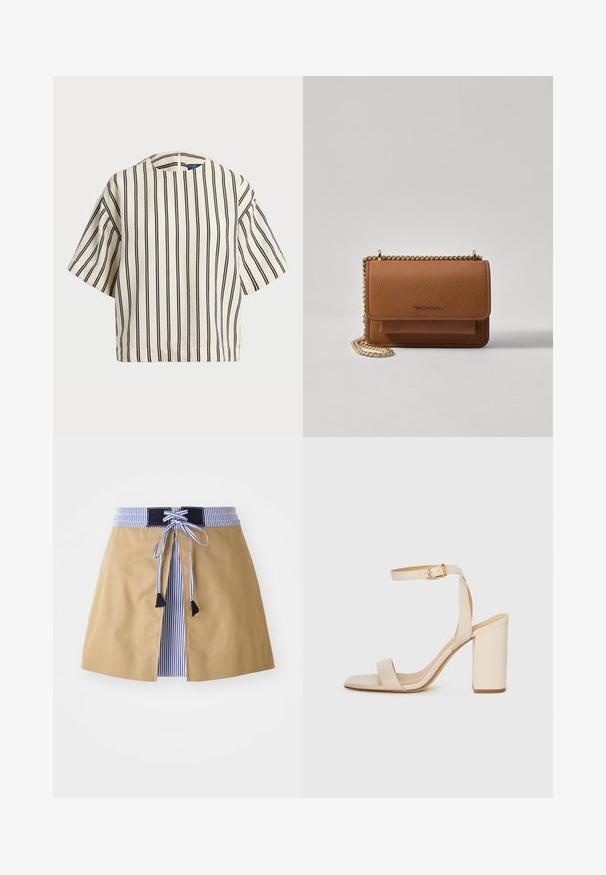 T-shirt à manches courtes, rayé crème et marine, présentant un col rond et un design boxy avec un tissu texturé.; Jupe beige avec une ceinture rayée bleue, dotée d'un devant à lacets et d'accents noirs. Tissu lisse, de longueur mi-nu et au design ajusté.; Sandale à talon haut beige avec un bout carré, une fine bride de cheville et un talon carré. Texture en cuir lisse avec un détail de boucle dorée.; Sac en cuir texturé marron en bandoulière avec une sangle en chaîne dorée et une fermeture à rabat. L'avant présente un détail de logo et une poche sous le rabat.