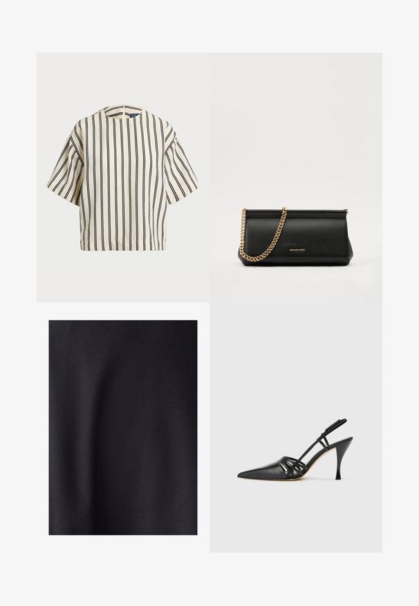 Top de manga corta a rayas en crema y azul marino, con cuello redondo y un diseño cuadrado, confeccionado en una tela texturizada.; Tejido negro con una textura suave y mate. La superficie tiene un ligero brillo, mostrando un tejido fino y sin patrones o acentos visibles.; Zapato de tacón alto de charol negro con punta afilada, diseño de tiras entrecruzadas y tacón de aguja delgado. Textura suave y acentos mínimos.; Cartera de mano de piel negra con una correa de cadena dorada, que presenta una textura suave, forma rectangular y un logotipo en relieve en la parte frontal.