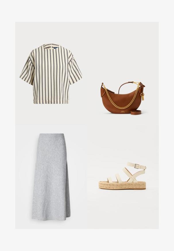 Kreklus, svītrainā blūze ar īsām piedurknēm, krēmkrāsā un tumši zilā tonī, ar apaļu apkakli un kvadrātveida dizainu, izgatavota no teksturētas auduma.; Gaišs pelēks, mīksti adīts midi svārku ar ribotu jostas daļu un sānu šķēlumu, attēlots uz baltā fona.; Bēša krāsas ādas sandales ar krustotiem siksniņām, sprādzes detaļu un jūras aušanas platformas zoli. Dizainā ir bieza pinuma tekstūra un plakanas zolītes.; Brūns ādas rokassomu ar izliekta dizaina, zelta ķēdes siksnu, iekšējo kabatu un noņemamu plecu siksnu. Ievērojama kontrastējoša šuvuma detaļa.