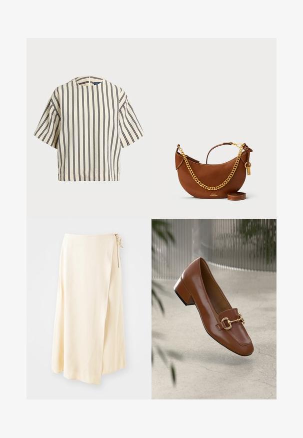 Rövid ujjú, csíkos felső krém és tengerészkék színben, kerek nyakkivágással és dobozos fazonnal, texturált anyagból.; Krém színű, könnyű, lágy anyagból készült, oldalt megkötős, A-vonalú szoknya.; Barna lakkbőr loaferek négyzet alakú orral, fém lánc díszítéssel és alacsony blokk sarkú kialakítással; sima textúra, minimalista design.; Barna bőr kézi táska íves kialakítással, arany lánc pánttal, belső zsebbel és leválasztható vállpánttal. Kontrasztos varrás jellemzi.