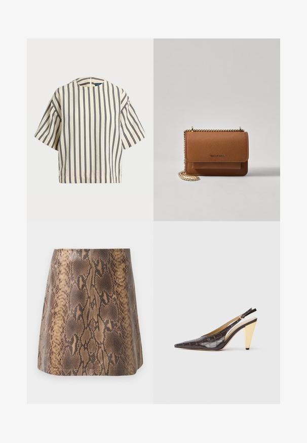 Cămașă cu mâneci scurte, cu dungi în nuanțe de crem și bleumarin, având un decolteu rotund și un design dreptunghiular dintr-un material texturat.; Fustă mini cu imprimeu de șarpe în nuanțe de maro, realizată din piele sintetică, având o textură netedă, o siluetă ajustată și detalii fine ale cusăturilor.; Pantofii cu vârf ascuțit, tip slingback, din piele sintetică lucioasă de crocodil maro închis. Include un toc geometric în nuanță de aur și o curea de gleznă ajustabilă.; Geantă crossbody din piele texturată maro, cu curea din lanț aurit și închidere cu clapetă. Partea din față prezintă detalii cu logo și o buzunar sub clapetă.