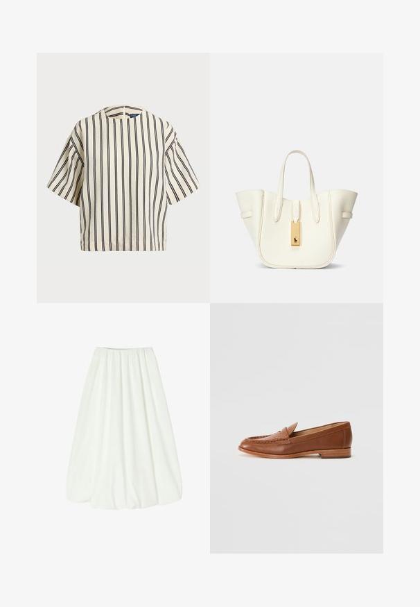 Short-sleeve, striped top in cream and navy, featuring a round neckline and boxy design with a textured fabric.; White, knee-length skirt with an elastic waistband. Soft fabric with a smooth texture and a full silhouette, creating gentle drapes.; Lauren Ralph Lauren WYNNIE - Slip-ons - deep saddle tan; White leather tote bag with a structured shape, prominent stitching, gold hardware tag, and dual handles. Textured surface with side pockets.