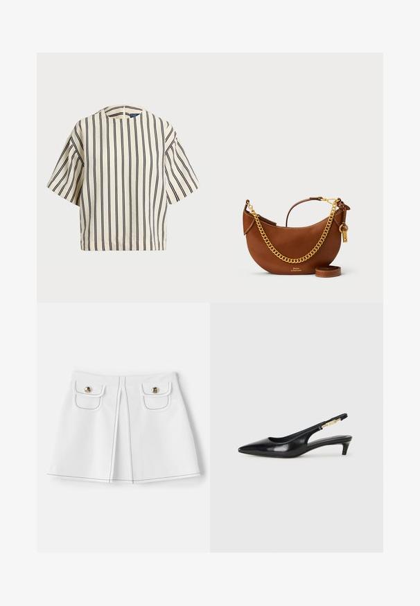 Kreminės ir tamsiai mėlynos juostelės trumpų rankovių marškinėliai, turi apvalų iškirpimą ir dėžutės tipo dizainą, pagaminti iš tekstūruotos medžiagos.; sandro JUPE - Mini sijonas - ecru; Juodas odinis pavasario batelių modelis su smailiu nosiu, turintis siaurą kulniuką ir auksinės spalvos akcentu reguliuojamoje juostoje. Lygi tekstūra.; Ruda odinė rankinė su kreiviu dizainu, auksinės grandinėlės dirželiu, vidiniu kišeniu ir nuimamu peties dirželiu. Yra kontrastingų siūlių.