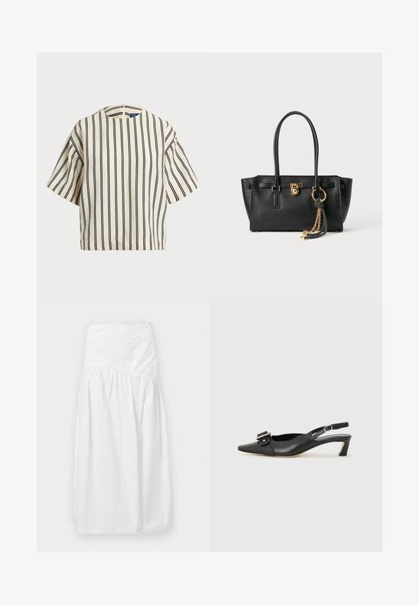 Krótki rękaw, paskowana bluzka w kolorze kremowym i granatowym, z okrągłym dekoltem i pudełkowym krojem, wykonana z fakturowanej tkaniny.; sandro - Długa spódnica; Czarne skórzane buty typu slingback z ostrym noskiem, małym obcasem i ozdobnym zapięciem na górze. Gładka faktura, minimalistyczny design.; Czarna skórzana torebka na podwójnych uchwytach, ze złotym zamkiem i łańcuszkiem, a także czarno-białym ozdobnym frędzlem na białym tle.