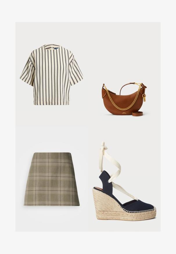 Korte mouwen, gestreepte top in crème en marineblauw, met een ronde halslijn en een boxy ontwerp van een textuurstof.; Geruite mini-rok in olijfgroen en beige, met een rechte snit, een subtiele textuur en een klein logo-accent bij de tailleband.; Marine blauwe canvas wedge sandaal met een espadrille touwzool en crèmekleurige lintstrikken rond de enkels. Gesloten hiel en rond neopreen ontwerp.; Bruine leren handtas met een gebogen ontwerp, gouden schouderband, binnenzak en een afneembare schouderband. Heeft contrasterende stiksels.
