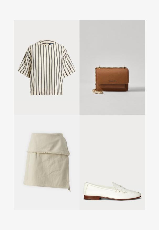Kratki rukavi, prugasti top u krem i tamnoplavoj boji, sa okruglim izrezom i kutijastim dizajnom od teksturirane tkanine.; Bež suknja s preklopom od pamuka, s slojevitom dizajnom, izbrisanom rubom i bočnim vezicama za prilagodljivo podešavanje. Cijela površina je glatka.; Bijele kožne mokasine s teksturiranim završetkom, zaobljenim vrhom i pletenim detaljem. Nizak drveni potplat i minimalistički dizajn.; Smeđa kožna torba preko tijela s teksturom, zlatnim lančićem i preklopom na zatvaranju. Na prednjoj strani nalazi se detalj s potpisom i džep ispod preklopa.