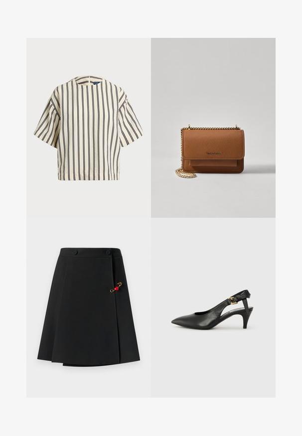 Top de manga corta a rayas en crema y azul marino, con cuello redondo y un diseño cuadrado, confeccionado en una tela texturizada.; Falda negra con un diseño acampanado, que presenta dos botones en la parte frontal y un detalle dorado con un corazón rojo en el lateral. Textura de tela suave.; Zapato de tacón destalonado de cuero negro con punta afilada, tacón pequeño y detalle de hebilla en la correa del tobillo. Textura suave, diseño minimalista.; Bolso crossbody de cuero texturizado marrón con correa de cadena dorada y cierre de solapa. La parte frontal presenta un detalle de logo y un bolsillo debajo de la solapa.
