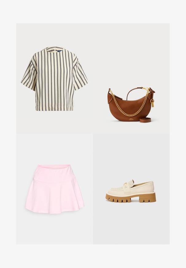 Kratek rokav, prugast top v kremni in mornarsko modri barvi, z okroglim izrezom in kvadratnim dizajnom ter teksturirano tkanino.; Roza razširjena krila, izdelana iz mehke tkanine, z širokim pasom in gladko teksturo, enostavnega dizajna brez vidnih vzorcev.; Bež balerinke z teksturiranim kremnim trakom, ki imajo masiven rjav podplat z vzorcem, podoben zobom. Zlata dekoracija na podrobnosti s sponko.; Rjava usnjena torbica s ukrivljenim dizajnom, zlatim verižnim trakom, notranjim žepom in snemljivim ramenskim trakom. Ima kontrastno šivanje.