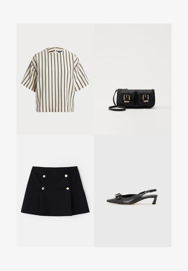 Kratek rokav, prugast top v kremni in mornarsko modri barvi, z okroglim izrezom in kvadratnim dizajnom ter teksturirano tkanino.; Črna mini krilo iz fleksibilnega materiala, z dvema zlatima gumboma spredaj, nabranim dizajnom in ravnim robom.; Črne usnjene slingback čevlje z ostrim nosom, majhnim petam in dekorativno sponko na zgornjem delu. Gladka tekstura, minimalistična zasnova.; Črna usnjena torbica čez ramo z dvema sprednjima žepoma, zlatimi zaponkami, zadrgo in ozkim pasom. Tekstura površine je strukturirana, obliko pa ima kompaktno pravokotno.