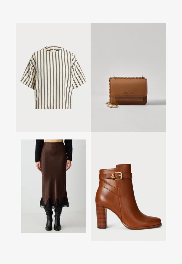 Korte mouwen, gestreepte top in crème en marineblauw, met een ronde halslijn en een boxy ontwerp van een textuurstof.; Jimmy Key WITH ELASTIC WAIST - Kokerrok - dark brown; Bruine leren enkellaars met een ronde neus, gouden gespsluiting op de strap en een getextureerde houten hiel. Gladde afwerking en een slank ontwerp.; Bruine lederen schoudertas met textuur, voorzien van een gouden kettingstrap en klepsluiting. De voorkant heeft een logo-detail en een zak onder de klep.