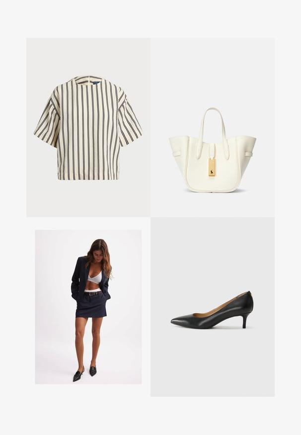 Kratek rokav, prugast top v kremni in mornarsko modri barvi, z okroglim izrezom in kvadratnim dizajnom ter teksturirano tkanino.; Mornarsko modra jakna in krilo v kompletu, prilagojen kroj, z usklajenim pasom. Bel modrček pod njo. Črni ožji čevlji zaključujejo videz. Gladka tekstura tkanine.; Črne usnjene črpalke s koničastim nosom, nizko peto in gladko teksturo. Imajo rahlo odprtino spredaj in minimalno opremo zadaj.; Bela usnjena torba z obliko, ki ohranja strukturo, izrazitim šivom, zlatim kovinskim dodatkom in dvema ročkama. Teksturna površina s stranskimi žepi.