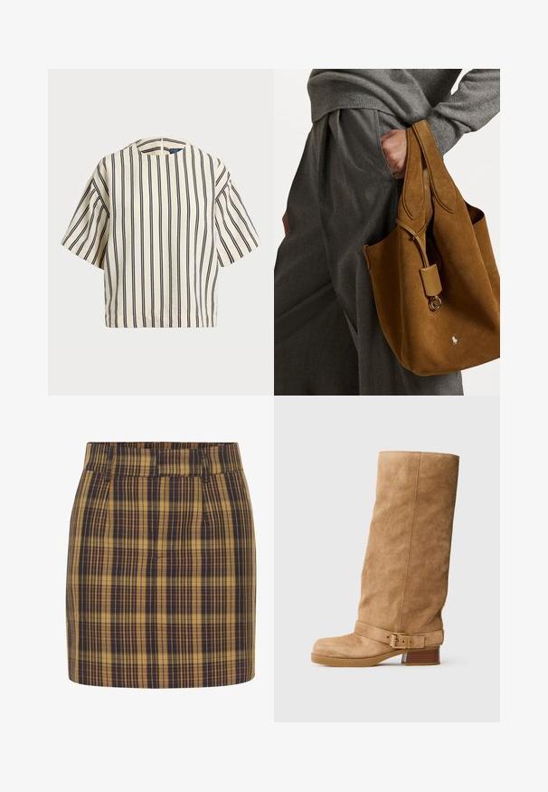 T-shirt à manches courtes, rayé crème et marine, présentant un col rond et un design boxy avec un tissu texturé.; Jupe mini à carreaux jaune et marine. Présente une taille haute, un devant plat et des poches latérales, fabriquée en tissu texturé avec une forme structurée.; Botte en suède beige mi-mollet avec un petit talon empilé, un bout arrondi, et une sangle ajustable avec une boucle en or autour de la cheville.; Sac fourre-tout en daim marron avec une forme arrondie, deux poignées et un accent en métal. Présente un petit logo sur le devant.