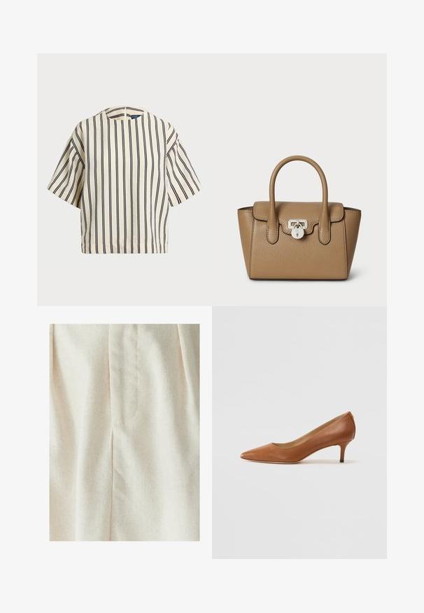 Kreemjas ja tumesinises triibuline lühikeste varrukatega top, millel on ümmargune kaelus ja kastmine disain, valmistatud tekstuurses kangas.; WILLA MIMIE MIDI - Voltidega seelik - natural; Lauren Ralph Lauren ADRIENNE - Klassikalised kontsakingad - deep saddle tan; Lauren Ralph Lauren PEBBLED LEATHER SMALL TANNER SATCHEL - Käekott - camel