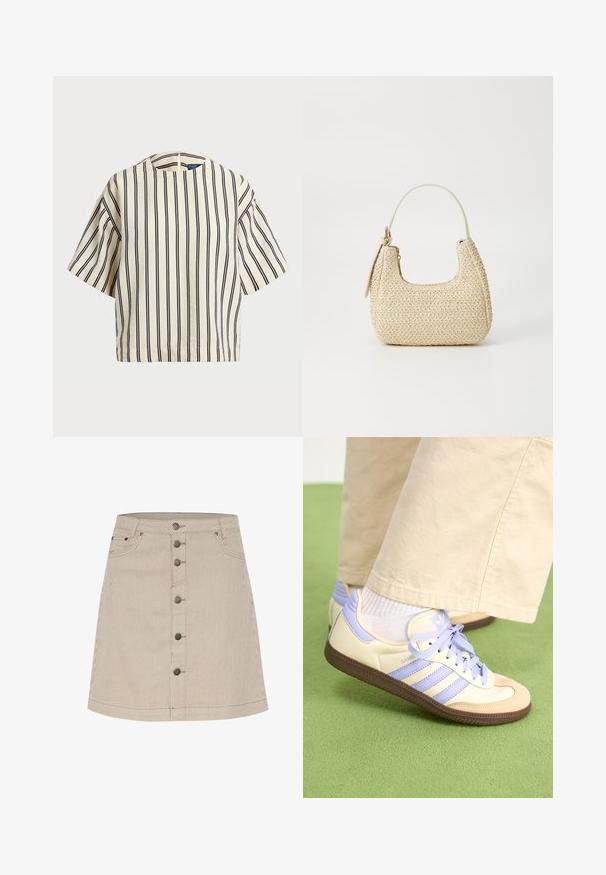 Krátký rukáv, pruhované tričko ve krémové a námořnické barvě, s kulatým výstřihem a širokým střihem z texturovaného materiálu.; Béžová proužkovaná džínová sukně s rozšířeným střihem, s předním zapínáním na knoflík, dvěma bočními kapsami a jemnými švy.; Krémové a levandulové tenisky se třemi pruhy a texturovanou hnědou podrážkou, vybavené tkaničkami a polstrovanou patou. Měkký textilní svršek.; Tkaná slámová kabelka v béžové barvě s zakřiveným tvarem, krátkým držadlem a bočním zipem. Vyznačuje se texturovaným povrchem a minimalistickým designem.