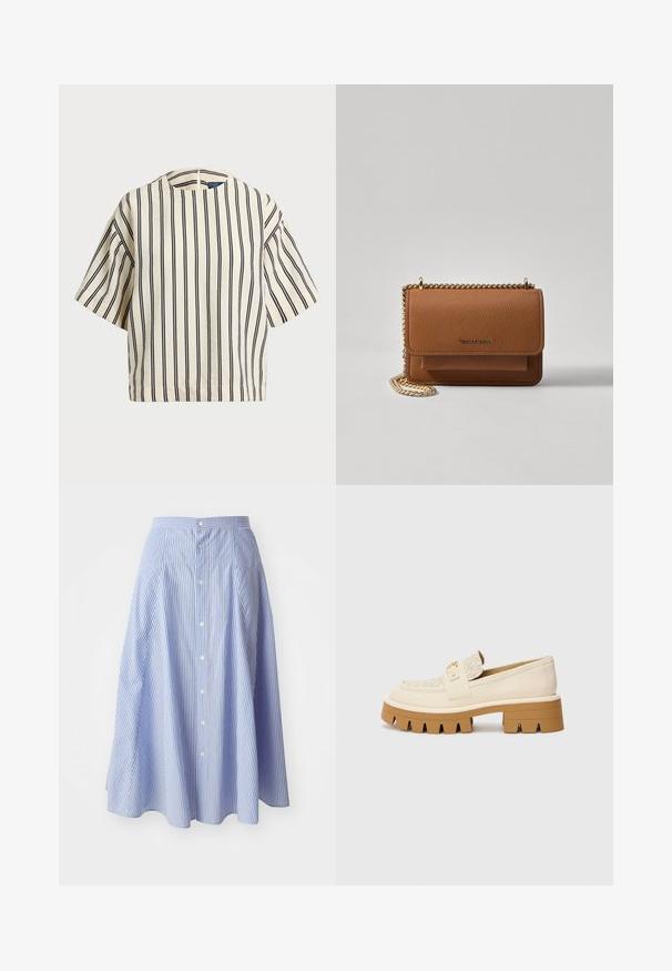 Krátky rukáv, pruhovaný top v krémovej a námorníckej modrej farbe, s okrúhlym výstrihom a štvorcovým strihom z texturovanej tkaniny.; Prúžkovaná sukňa na gombíky vo svetlomodrej a bielej farbe. Tkanina sa zdá byť ľahká s hladkým povrchom; dĺžka po kolená s rozšíreným strihom.; Beige mokasíny s textúrovaným krémovým popruhom, s masívnou hnedou podrážkou s tvarmi podobnými zubom. Zlatý akcent na detaile s prackou.; Hnedá textúrovaná kožená taška cez telo s zlatým reťazovým popruhom a preklopným uzáverom. Predná strana obsahuje detail s logom a vrecko pod preklopkou.
