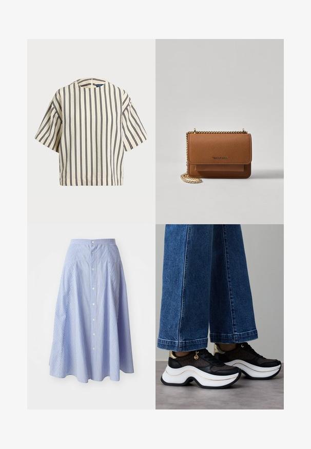 Cămașă cu mâneci scurte, cu dungi în nuanțe de crem și bleumarin, având un decolteu rotund și un design dreptunghiular dintr-un material texturat.; Fustă cu dungi, cu nasturi, de culoare bleu deschis și alb. Materialul pare ușor și are o textură netedă; are lungime până la genunchi, cu un design evazat.; Adidași negri și aurii cu talpă albă curbată. Material texturat cu accente de logo. Asortați cu pantaloni largi din denim albastru.; Geantă crossbody din piele texturată maro, cu curea din lanț aurit și închidere cu clapetă. Partea din față prezintă detalii cu logo și o buzunar sub clapetă.