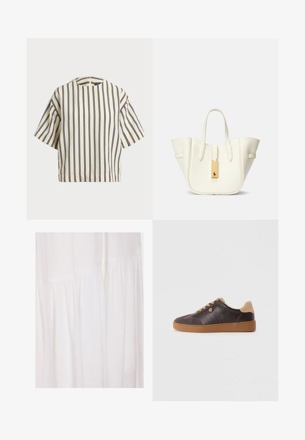 Lyhythihainen, raidallinen paita kirkas- ja tummansinisen sävyissä, jossa on pyöreä pääntie ja laatikkomainen muotoilu tekstuuritetussa kankaassa.; Valkoinen kangasmekko, jossa on teksturoitu pinta, pehmeät poimut ja epäsäännölliset muotoiluelementit, luoden virtaavan siluetin.; Tummanruskea nahka- ja mokkasneaker, jossa on vaaleanruskeat nauhat ja pohja, kultainen logo-aksentti ja "Michael Kors" kohotettu pohjassa.; Valkoinen nahkainen olkalaukku, jossa on rakenteellinen muoto, voimakkaat saumat, kultainen varusteetietokortti ja kaksoiskahvat. Rakennepinnoite, jossa on sivutaskut.