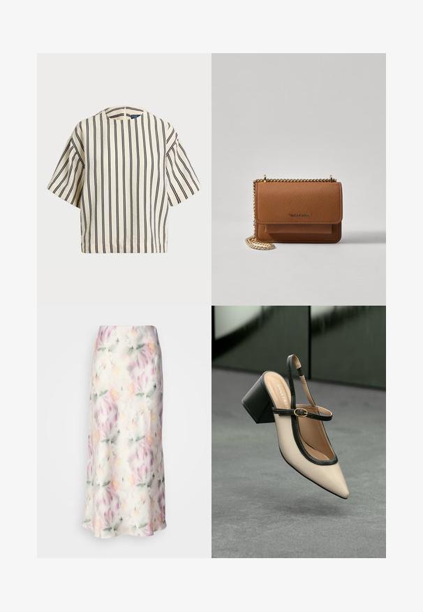 Kreklus, svītrainā blūze ar īsām piedurknēm, krēmkrāsā un tumši zilā tonī, ar apaļu apkakli un kvadrātveida dizainu, izgatavota no teksturētas auduma.; Ziedu midi svārki no viegla auduma, ar akvareļu rakstu pasteļtoņos, ar plūstošu dizainu un vieglu spīdumu.; Beige smailā purngalā siksnu kurpe ar melnu akcentu, zelta sprādzi un masīvu bloku papēdi uz pelēka grīdas ar tumši zaļu fonu.; Brūna teksturēta ādas plecu soma ar zelta ķēdes siksnu un atloka aizdari. Priekšpusē ir logotipa detaļa un kabata zem atloka.