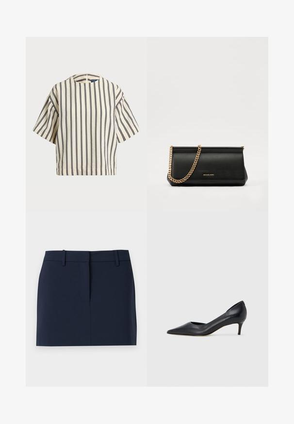 Short-sleeve, striped top in cream and navy, featuring a round neckline and boxy design with a textured fabric.; Navy blue skirt made of smooth fabric, featuring a waistband, a front opening, and clean lines without pockets or embellishments.; Black leather pump with a pointed toe and low heel. Features a smooth texture and subtle sheen. Open cut at the front for added detail.; Black leather clutch bag with a gold chain strap, featuring a smooth texture, rectangular shape, and embossed branding on the front.