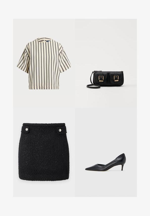Kortærmet, stribet top i creme og marineblå, med rund halsudskæring og boxy design i et tekstureret stof.; Sort miniskirt lavet af tekstureret stof med subtil glans. Har to sølvfarvede trykknapper i taljen til lukning.; Sort læderpumpe med spids tå og lav hæl. Har en glat tekstur og subtil glans. Åben udskæring foran for ekstra detalje.; Sort læder crossbody taske med to frontlommer, guldspænder, lynlåslukning og en slank rem. Struktureret overflade og kompakt rektangulær form.
