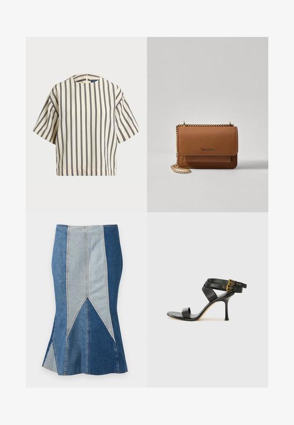 Korte mouwen, gestreepte top in crème en marineblauw, met een ronde halslijn en een boxy ontwerp van een textuurstof.; Denim rok met een kleurblokontwerp in verschillende tinten blauw, een uitlopende zoom en zichtbare stikdetails voor extra structuur.; Zwarte hoge hak sandaal met gekruiste bandjes en verstelbare gespsluiting. Heeft een gladde textuur en een taps toelopende stilettohak.; Bruine lederen schoudertas met textuur, voorzien van een gouden kettingstrap en klepsluiting. De voorkant heeft een logo-detail en een zak onder de klep.