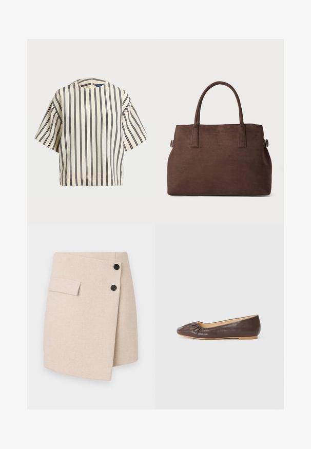 Kreemjas ja tumesinises triibuline lühikeste varrukatega top, millel on ümmargune kaelus ja kastmine disain, valmistatud tekstuurses kangas.; Beež kleit, millel on tekstuurne kangas, küljetasku, kaks musta nuppu ja veidi kaardus ääreline.; Pruun nahast baleriin, millel on ümar varvas, ees kogutud dekoratsioon ja lame, heledavärviline tall.; Pruun faux nahast kott kahe tugeva käepidemega, struktureeritud kuju ja minimalistik disain, millel on peened õmblusdetailid.