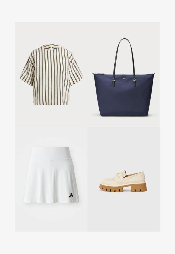 Cămașă cu mâneci scurte, cu dungi în nuanțe de crem și bleumarin, având un decolteu rotund și un design dreptunghiular dintr-un material texturat.; Fustă sport albă cu o textură moale, design evazat și accent cu logo-ul negru Adidas în partea stângă jos. Talie netedă, elastică.; Mocasini bej cu o curea texturată crem, având o talpă groasă maro cu modele asemănătoare dinților. Accente de aur pe detaliul cataramei.; Geantă de umăr bleu marin, fabricată dintr-un material texturat, cu mânere din piele neagră și accesorii din aur. Închidere cu fermoar în partea superioară.
