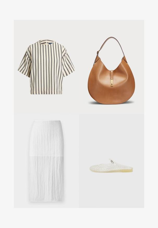 Kortærmet, stribet top i creme og marineblå, med rund halsudskæring og boxy design i et tekstureret stof.; Hvid knælængde nederdel lavet af tekstureret stof med lodrette folder, der har en glat talje og en lige silhuet.; Gennemsigtig plastiksko med gittermønster, rund tå og en lille sølvaccent på remmen. Fleksibel sål i gennemsigtig farve.; Tan lædertaske med en buet form og en bred skulderrem. Har et guld metalaccent i midten og en glat overflade.