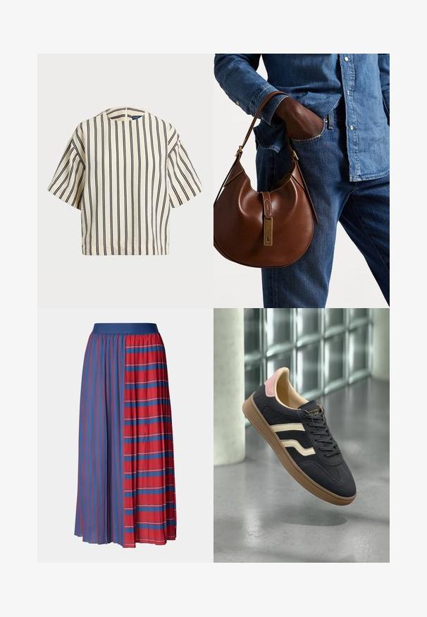 Short-sleeve, striped top in cream and navy, featuring a round neckline and boxy design with a textured fabric.; Pleated skirt with a solid blue waistband. One side features vertical red and blue stripes; the other side displays horizontal red stripes.; Navy leather sneakers with cream stripes, pink accents on the heel, and a textured tan rubber sole. Classic low-top design.; Brown leather hobo bag with a rounded shape, featuring a gold hardware accent and contrast stitching. Paired with a denim shirt and jeans.