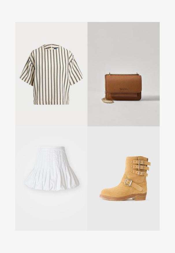 T-shirt à manches courtes, rayé crème et marine, présentant un col rond et un design boxy avec un tissu texturé.; Jupe mini plissée blanche avec une texture lisse, une taille élastique et un design évasé, comportant des coutures verticales pour plus de structure.; Bottine en daim jaune avec trois sangles à boucles sur le côté, un bout arrondi et un talon empilé en bois. Surface texturée pour une meilleure adhérence.; Sac en cuir texturé marron en bandoulière avec une sangle en chaîne dorée et une fermeture à rabat. L'avant présente un détail de logo et une poche sous le rabat.