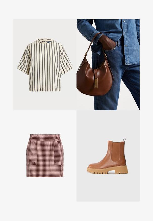 Krótki rękaw, paskowana bluzka w kolorze kremowym i granatowym, z okrągłym dekoltem i pudełkowym krojem, wykonana z fakturowanej tkaniny.; Spódnica w kratę w odcieniach burgundu i beżu, z elastycznym paskiem w talii i bocznymi kieszeniami dla większej funkcjonalności.; Brązowe skórzane botki za kostkę z elastycznymi bocznymi panelami, okrągłym noskiem oraz masywną, jasnobrązową podeszwą z wyraźnym wzorem bieżnika.; Brązowa skórzana torebka hobo w zaokrąglonym kształcie, z akcentami w złotym kolorze i kontrastowym przeszyciem. Połączona z dżinsową koszulą i spodniami dżinsowymi.
