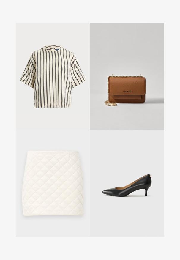 T-skjorte med korte ermer, stripet i kremfarge og marineblå, med rund hals og en boxy design i en strukturert stoff.; Kviltet miniskjørt i myk hvit stoff, med diamantmønster og rene linjer, med en jevn tekstur og uten synlige festemidler.; Sorte lærpumpe med spiss tå, lav hæl og en glatt tekstur. Har en liten åpning foran og minimalt med beslag bak.; Brun teksturert lær crossover-veske med gullkjede-stropp og klaffelukking. Fronten har logo-detalj og en lomme under klaffen.