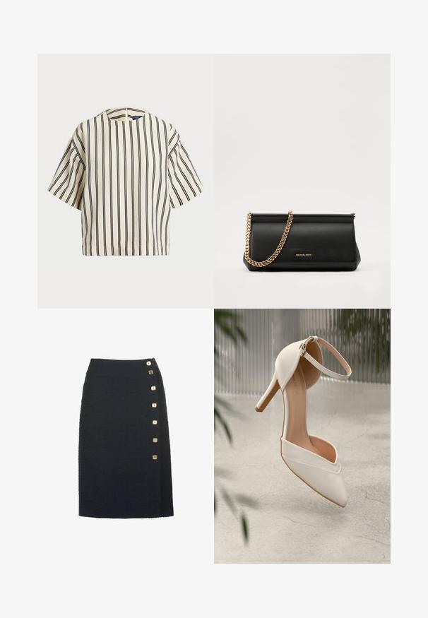 Krátky rukáv, pruhovaný top v krémovej a námorníckej modrej farbe, s okrúhlym výstrihom a štvorcovým strihom z texturovanej tkaniny.; Čierna textúrovaná sukňa s vysokým pásom a šiestimi zlatými štvorcovými gombíkmi usporiadanými vertikálne na jednej strane.; Biele vysoké lodičky z hladkého materiálu s špicatou špičkou a členkovým remienkom. Majú svetlohnedý interiér a akcenty v zlatej farbe.; Čierna kožená kabelka s retiazkou zo zlata, so hladkou textúrou, obdĺžnikovým tvarom a embosovaným logom na prednej strane.