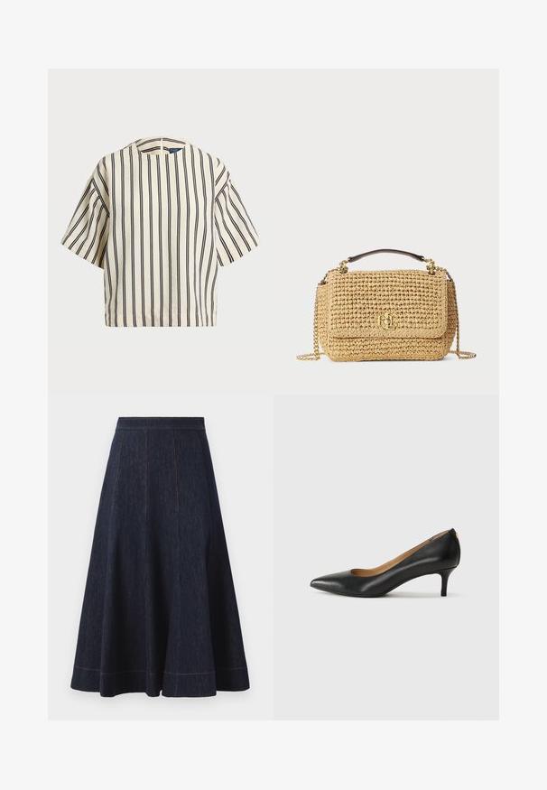 Krátky rukáv, pruhovaný top v krémovej a námorníckej modrej farbe, s okrúhlym výstrihom a štvorcovým strihom z texturovanej tkaniny.; Tmavo modrá rifľová sukňa s rozšíreným strihom, so zvislými švovými detailmi a kontrastným oranžovým prešívaním pozdĺž lemovania.; Čierny kožený podpatek s špicatou špičkou, nízkym opätkom a hladkým povrchom. Obsahuje mierne otvorenie vpredu a minimálne kovové detaily na zadnej strane.; Tkaná slamienková kabelka v prírodnej béžovej farbe. Obsahuje logo v zlatej farbe, reťazový popruh a hnedú hornú rukoväť. Obdĺžnikový tvar s klopou na zatvorenie.