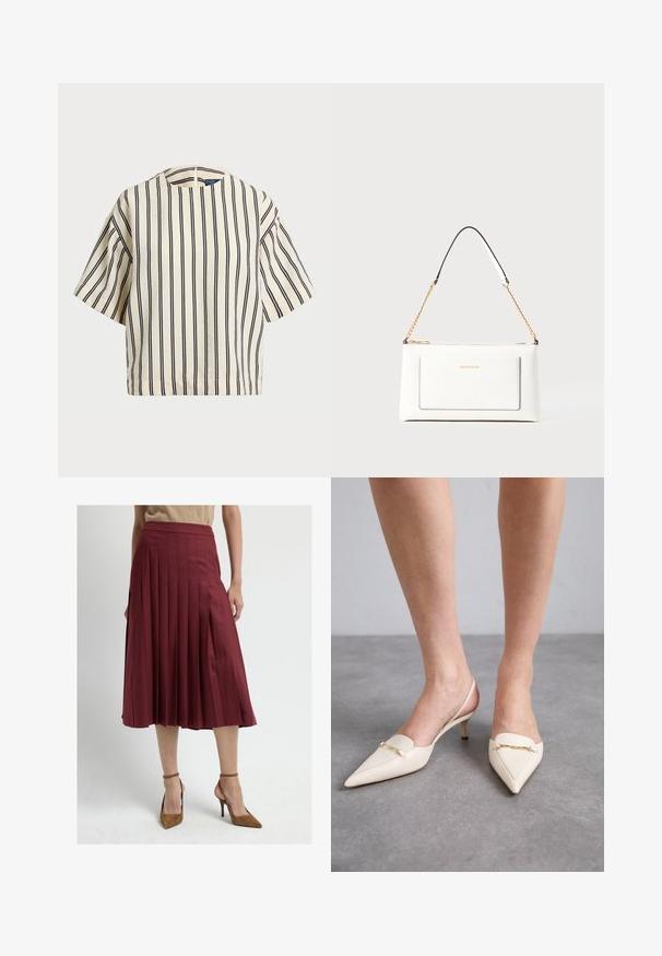 T-shirt à manches courtes, rayé crème et marine, présentant un col rond et un design boxy avec un tissu texturé.; Jupe midi plissée bordeaux à taille haute, avec une texture lisse et une forme fluide, associée à des chaussures à talon haut marron.; Talons slingbacks pointus de couleur crème avec un talon moyen fin, présentant un accent en chaîne dorée sur le cou-de-pied et une texture en cuir lisse.; Sac à main en cuir blanc avec un fini texturé, doté d'une bandoulière en chaîne dorée et d'accents noirs. Comprend une poche avant et une fermeture éclair.