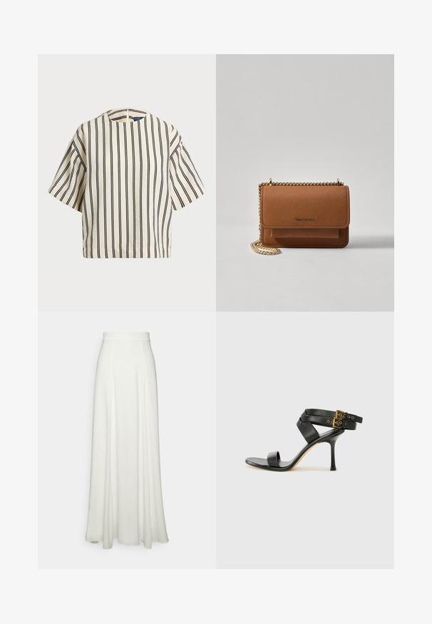 Short-sleeve, striped top in cream and navy, featuring a round neckline and boxy design with a textured fabric.; White, floor-length skirt with a smooth, flowing texture, featuring a fitted high waistband and no visible patterns or embellishments.; Black heeled sandal with crossed straps and adjustable buckle. Features a smooth texture and tapered stiletto heel.; Brown textured leather crossbody bag with gold chain strap and flap closure. Front features logo detail and a pocket under the flap.