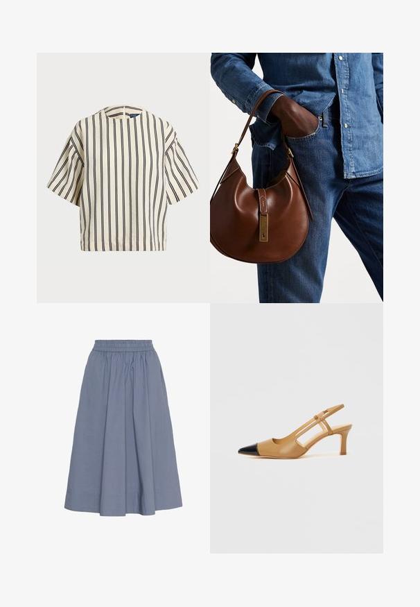 Kreklus, svītrainā blūze ar īsām piedurknēm, krēmkrāsā un tumši zilā tonī, ar apaļu apkakli un kvadrātveida dizainu, izgatavota no teksturētas auduma.; Klasisks, līdz ceļgaliem garš, gaiši zils kokvilnas svārks ar elastīgu jostu, piedāvā saplacinātu dizainu un gludu tekstūru komfortam.; Brūni slingbeka papēži ar šķautnētu melnu purngalu, ar izgriezumiem sānos un vidēja augstuma bloka papēdi. Gluda ādas materiāla.; Brūna ādas hobo soma ar noapaļotu formu, ar zelta aparatūras akcentu un kontrastējošiem diegiem. Apvienota ar džinsa kreklu un džinsiem.