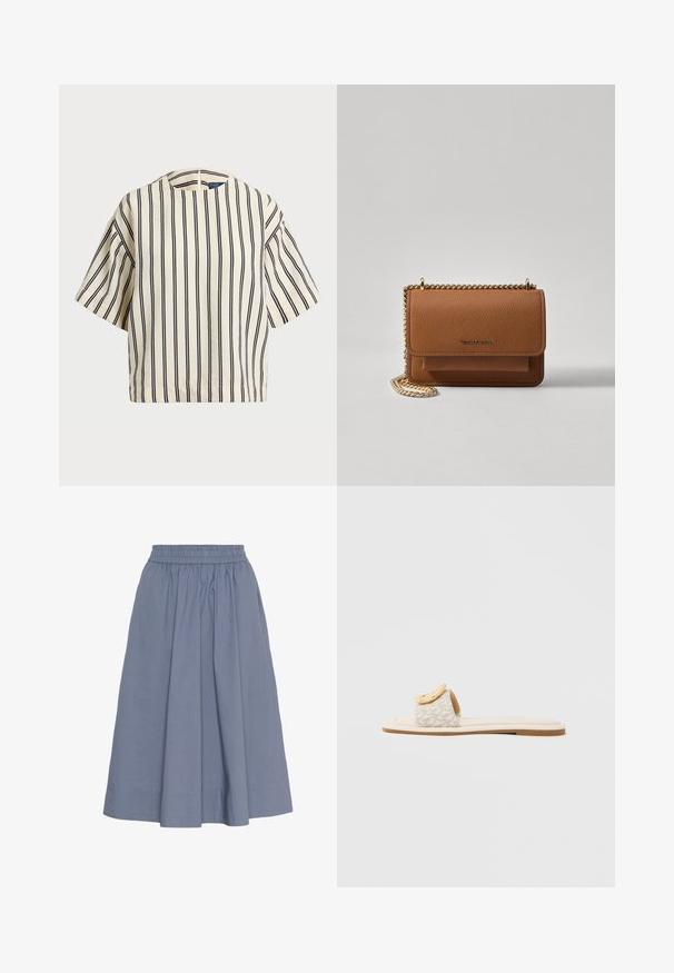 Short-sleeve, striped top in cream and navy, featuring a round neckline and boxy design with a textured fabric.; A knee-length, light blue cotton skirt with an elastic waistband, featuring a gathered design and smooth texture for comfort.; Slide sandal featuring a beige strap with a geometric pattern, a rounded yellow accent on the upper, and a flat, light sole.; Brown textured leather crossbody bag with gold chain strap and flap closure. Front features logo detail and a pocket under the flap.