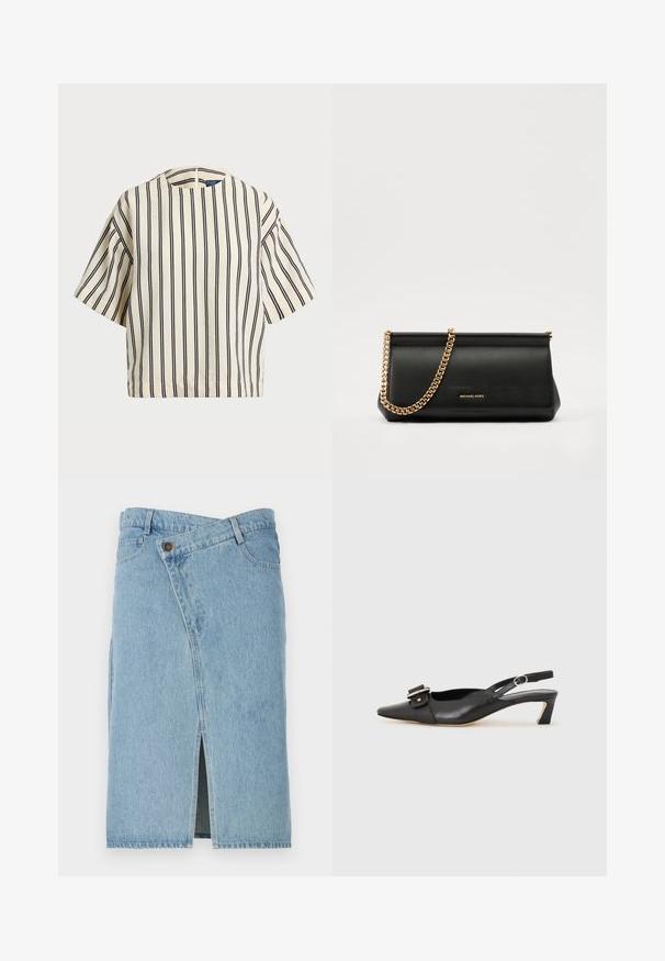 Kortärmad randig topp i krämfärgad och marinblå, med rund halsringning och fyrkantig design i en texturerad tyg.; Ljusblå denimkjol med en asymmetrisk design och framklippning. Har knappstängning och traditionell femficksstil.; Svart lädersko med slingback, spetsig tå, liten klack och dekorativ spänndetalj på ovansidan. Slät struktur, minimalistisk design.; Svart läderclutch med en guldkedjesjal, med en slät yta, rektangulär form och präglad märkning på framsidan.