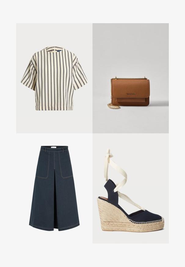 Top de manga corta a rayas en crema y azul marino, con cuello redondo y un diseño cuadrado, confeccionado en una tela texturizada.; Falda de mezclilla oscura con una silueta recta, dos bolsillos delanteros y una abertura frontal. Presenta costuras en naranja contrastante a lo largo de las costuras.; Sandalia cuña de lona azul marino con suela de esparto y cintas de crema atadas al tobillo. Diseño de talón cerrado y puntera redonda.; Bolso crossbody de cuero texturizado marrón con correa de cadena dorada y cierre de solapa. La parte frontal presenta un detalle de logo y un bolsillo debajo de la solapa.