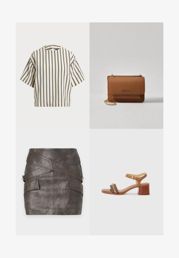 Top de manga curta, riscado em creme e azul marinho, com decote redondo e design boxy em tecido texturizado.; Saias mini de imitação de couro cinza escuro com um design assimétrico, apresentando detalhes cruzados e bolsos laterais com um toque de metal.; Sandalha de salto alto cor de tan com biqueira quadrada, duas tiras castanhas escuras e uma fivela dourada. Apresenta um salto bloco empilhado e textura de couro suave.; Bolsa crossbody de couro texturizado castanho com alça de corrente dourada e fecho com aba. A parte da frente apresenta detalhe do logótipo e um bolso sob a aba.