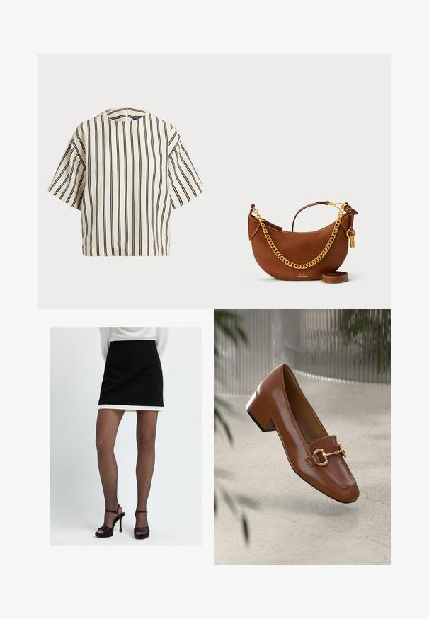 Top de manga corta a rayas en crema y azul marino, con cuello redondo y un diseño cuadrado, confeccionado en una tela texturizada.; Minifalda negra con un dobladillo blanco, hecha de un tejido suave. Combinada con sandalias de plataforma negras, que presentan un diseño minimalista.; Mocasines de charol marrón con punta cuadrada, acento de cadena metálica y tacón bajo; textura suave, diseño minimalista.; Bolso de mano de piel marrón con un diseño curvado, correa de cadena dorada, bolsillo interior y una correa de hombro desmontable. Presenta costuras en contraste.