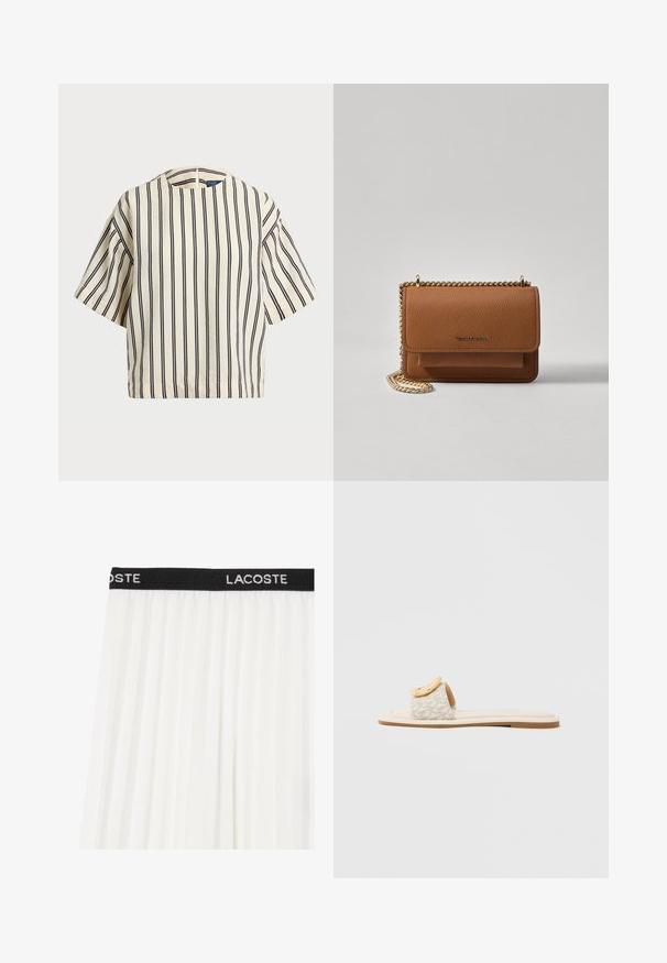 Kreemjas ja tumesinises triibuline lühikeste varrukatega top, millel on ümmargune kaelus ja kastmine disain, valmistatud tekstuurses kangas.; Valge volditud seelik musta vöökohtaga, millel on valget värvi tikand "LACOSTE". Kerge, voolav kangas sileda tekstuuriga.; Liugesandaal, millel on beež rihm geomeetrilise mustriga, ülaosal ümmargune kollane aktsent ja lame, helepõhjaga tald.; Pruun tekstureeritud nahk ristkeha kott kuldse ahelaga rihmaga ja klapiga sulgemine. Esiküljel on logo detail ja tasku klapi all.