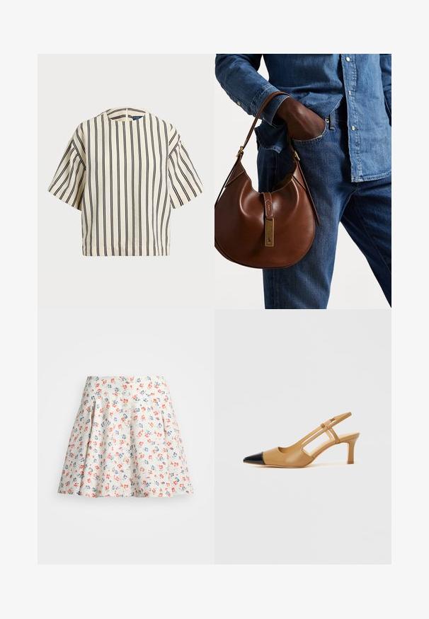 Kreminės ir tamsiai mėlynos juostelės trumpų rankovių marškinėliai, turi apvalų iškirpimą ir dėžutės tipo dizainą, pagaminti iš tekstūruotos medžiagos.; Gėlių sijonas iš kreminės medžiagos, su raudonomis ir mėlynomis gėlėmis. A formos siluetas su klostėmis liemenyje ir mygtukų uždarymu priekyje.; Smėlio spalvos aukštakulniai su juoda, smailia nosyte ir šonais, turinčiais išpjovas, su vidutinio aukščio blokuota kulnele. Pagaminti iš lygios odos.; Ruda odinė hobo kuprinė su suapvalinta forma, turinti auksinius aksesuarus ir kontrastingą siuvinėjimą. Derinama su džinsiniu marškinėliu ir džinsais.