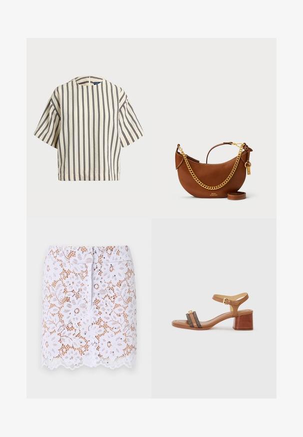 T-shirt à manches courtes, rayé crème et marine, présentant un col rond et un design boxy avec un tissu texturé.; Jupe en dentelle blanche avec motif floral, ourlet festonné et embellissements discrets. Présente un design ajusté et une fermeture éclair dissimulée au dos.; Sandale à talon beige avec un bout carré, deux brides marron foncé et une boucle dorée. Elle présente un talon en bloc empilé et une texture en cuir lisse.; Sac à main en cuir brun avec un design courbé, une chaîne dorée, une poche intérieure et une bandoulière amovible. Présente des coutures contrastantes.