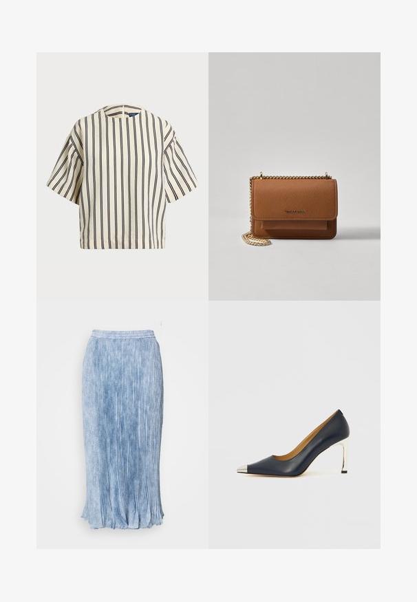 T-skjorte med korte ermer, stripet i kremfarge og marineblå, med rund hals og en boxy design i en strukturert stoff.; Lys blå, plissert maxiskjørt med teksturert stoff, elastisk midjebånd og en vid skjæring nederst. Har vertikale linjer og en myk finish.; Marineblå høyhælte skinnsko med spiss tå, som har en sølvfarget metallhatt og en blank sølvfarget stiletthæl.; Brun teksturert lær crossover-veske med gullkjede-stropp og klaffelukking. Fronten har logo-detalj og en lomme under klaffen.